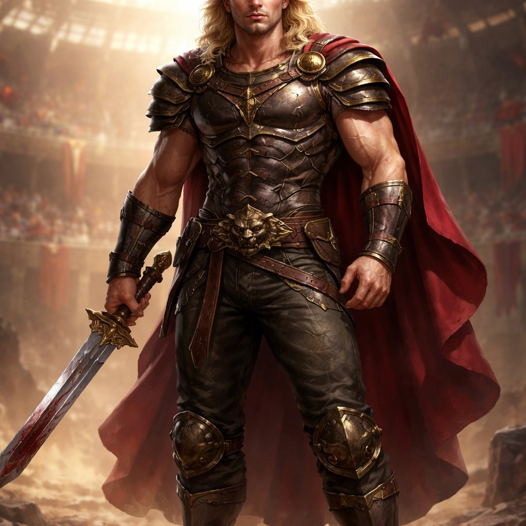 A tall well~proportioned figure/body with “broad-shoulders, thick neck, giving an impression of sheer power”. He has “rippling muscles on his, arms, chest, and legs”. His haircut is a blonde mullet. His “expression is often serene or determined, with deep-set blue eyes and strong brows, hinting at inner depth". He works at freak show as a strong man. His outfit consistsed of a modern gladiator style outfit but with pants.