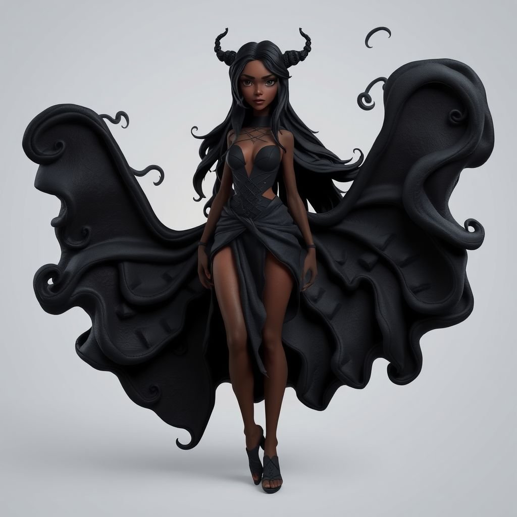 Create character hero Veyra of Shadows – A lithe, mysterious brown complexion woman draped in layered black silks that move like smoke around her. With jet-black hair. Show her whole body head to toe including her shoes.