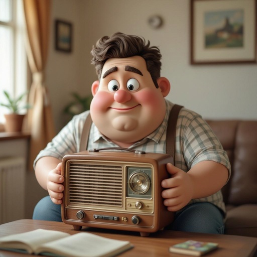 Create a funny fat guy who has a book box radio , make it kinda cartoonish 