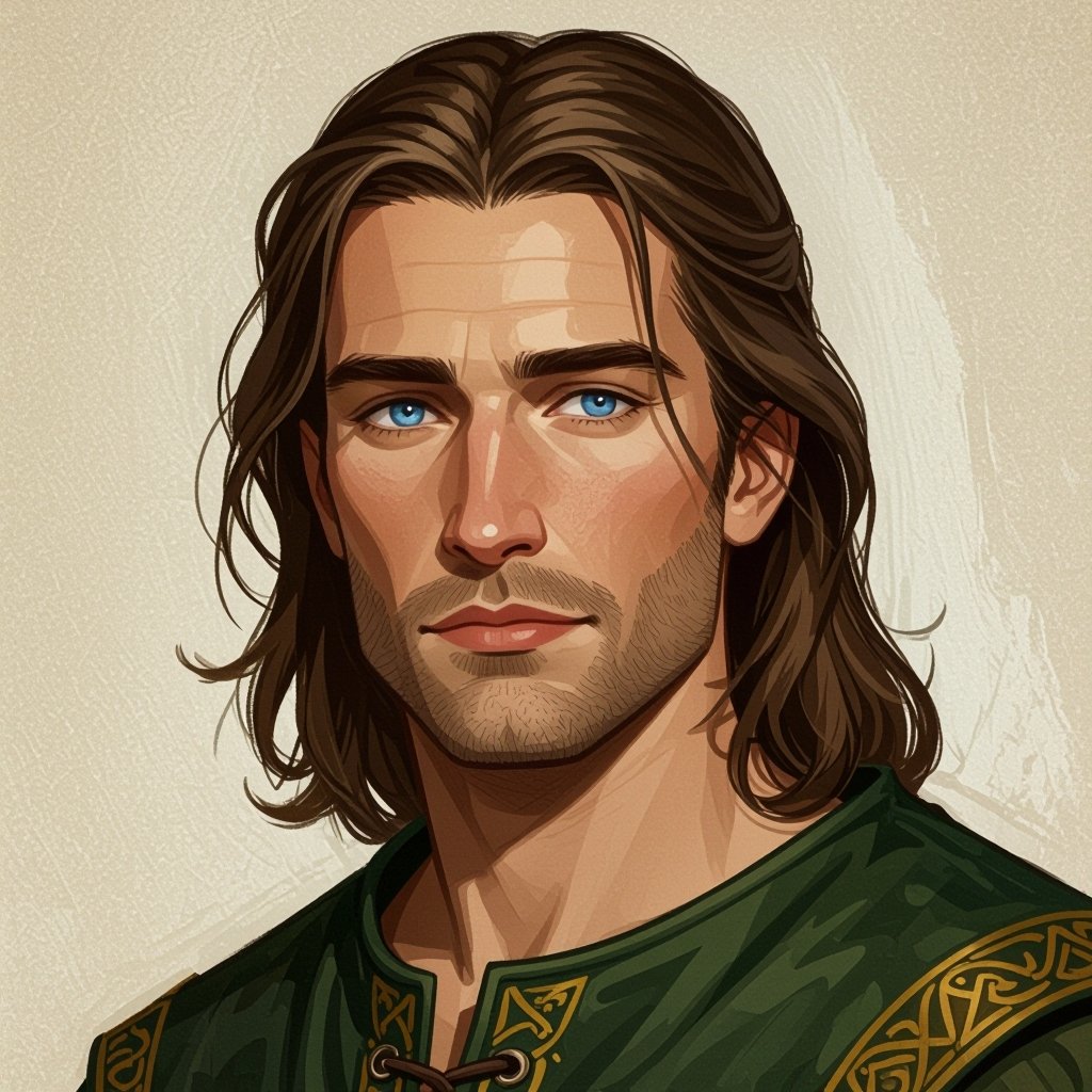 A human man in his late thirties who has blue eyes and has medium long hair