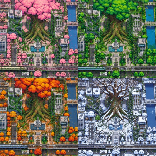 Ancient Giant enormous fantasy tree growing through/around modern buildings, but with magical vines growing around it, for a fantasy game set in modern times, in all the seasons, top down style,