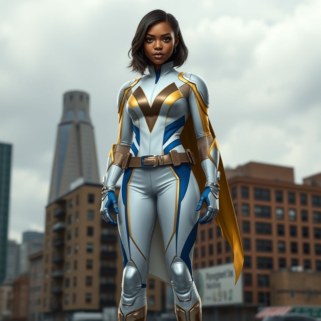 A teenage African American female superhero with hair in a shoulder length side part style  wearing a partially homemade white and Gold suit with blue accents and a stylized V as her chest emblem a utility belt and silver boots standing in Philadelphia during a cloudy day  