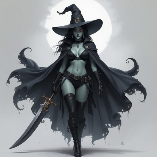 sexy shadow demon witch gypsy slate grey skin large black billowing cloak that emits darkness and shadow. Two piece. Witches Hat.  Wields Flamberge