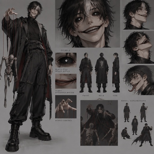 Male villein with puppeteer powers, medium length black hair, white streak in hair, cool modern outfit, completely black eyes with white pupils, scars, insane, unusually long mouth, Asian