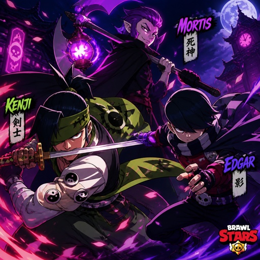 Kenji, Mortis, and Edgar from brawl stars as assassins, dynamic poses