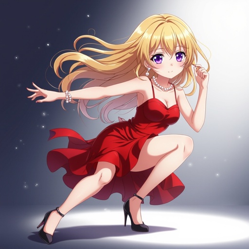 She has blonde hair and purple eyes and a red dress and black high heels and pearl earrings 
