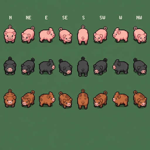 Farm Pig for a fantasy game set in modern times, top-down style, 360, different colors