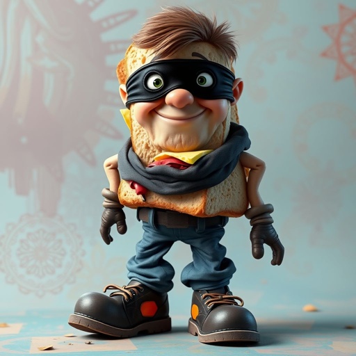 Create a funny looking clumsy sandwhich thief with funny shoes on. Make him have on the bandit black thing around his eyes 