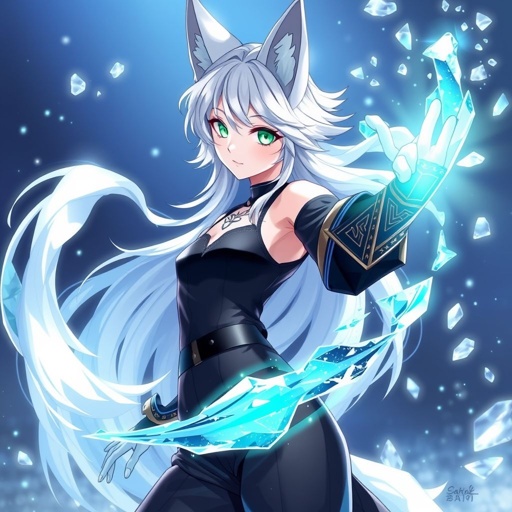 (Genshin Impact based) A pale teenage girl with a Cryo Vision wearing a royal black top and trousers with hair and small fox ears as white as snow with emerald eyes and conducting ice. She also has an ancient mythical right arm