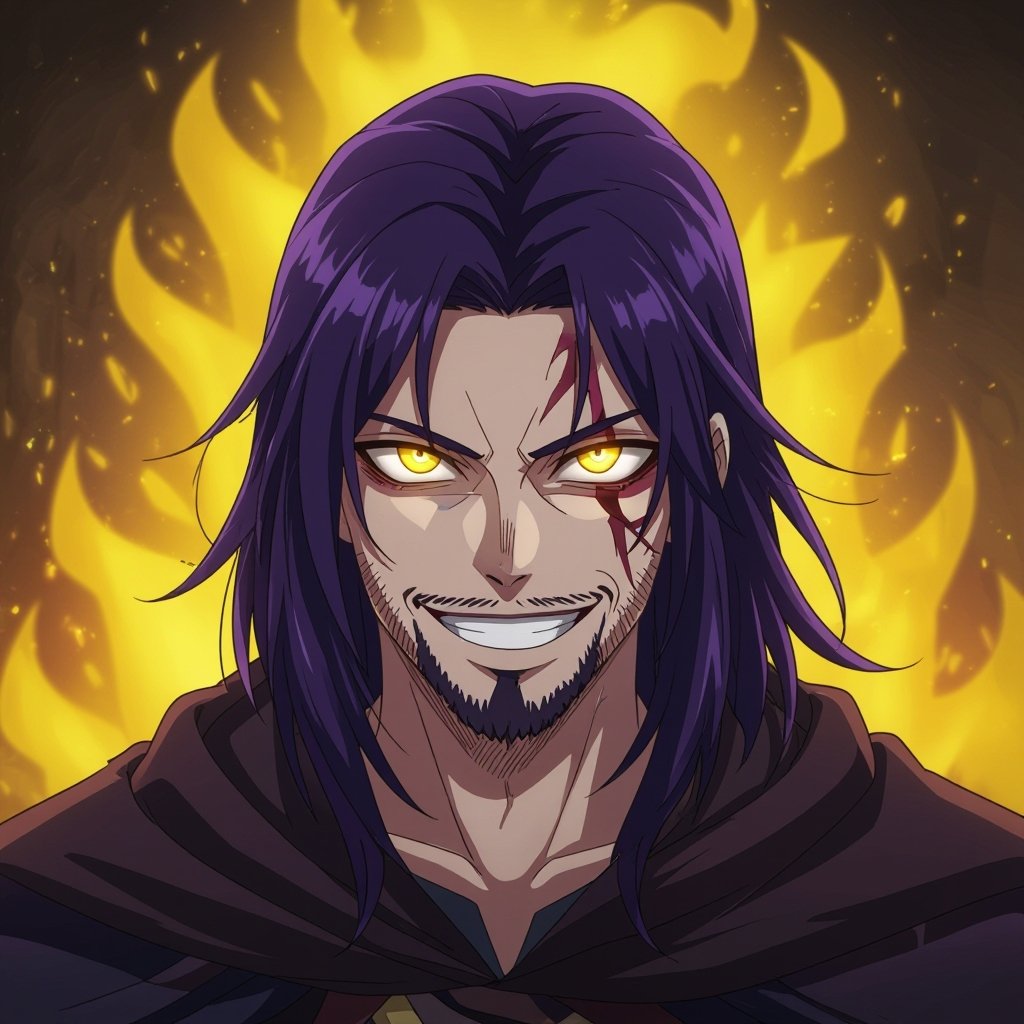 A long dark purple haired 20 year old with a big evil smile who has a stubble beard with yellow glowing eyes and Egyptian art on his face big strong guy with a dark cloak over himself a scar over his eye and looks upset but excited for battle with a yellow purple aura 