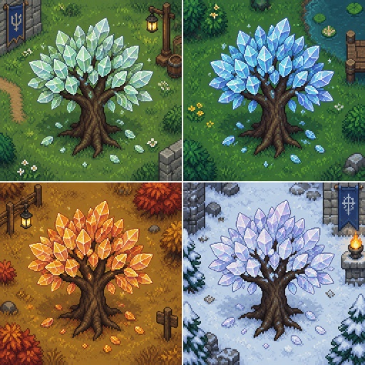 Glasswood Tree dark trunk with translucent, crystal-like leaves, lots of leaves,  for a fantasy place that’s in modern times, in all the seasons, top down style, 