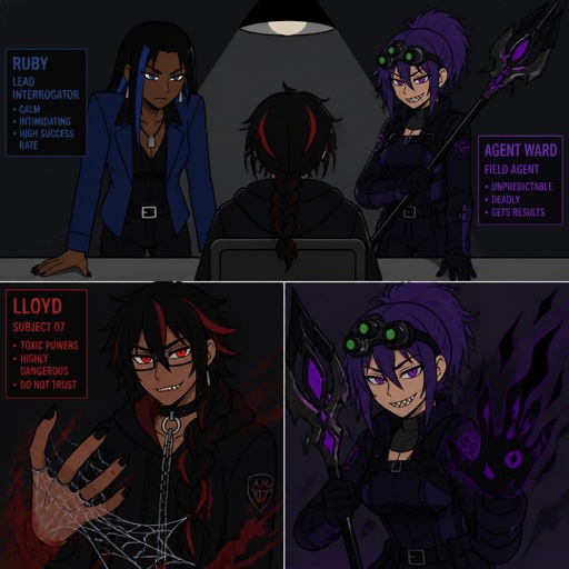 Anime style, Ruby she's dark skin,silk press hair a streak of light blue, serious, intimidating,makes sure those she interrogators gives her all the answers,very good at interrogating suspect, loud,pretty reckless. Anime white male Lloyd, hair messy long loose braid, black hair with light red stripes, clean shaven,red eyes, long scary fingers,spider fangs,glasses, earrings,sarcastic,cold, traumatized,was a unwillingly experiment many years before getting rescued, no memory of past power of a spider, poisonous, spider webs with hands,control spiders special agency taking care of him. Anime style, Agent Ward male, made in secret lab to be best,weapon,highly skilled, kept in check, emergency backup case gets out of control, hair violet messy bun,night vision eyes, sharp teeth, grin,dark power, tired, tall, very dangerous,evil laugh, he’s used as a special weapon.