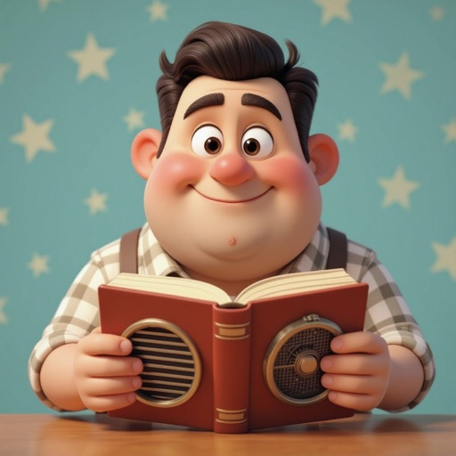 Create a funny fat guy who has a book box radio , make it Toy Story artish 