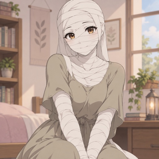 Mummy woman, modest clothes, trying to look friendly,beautiful 