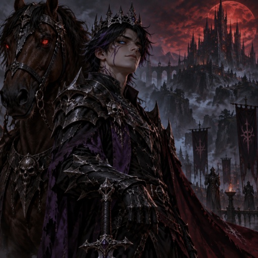 An 18 year old prince who has black hair with purple stripes and blue eyes. He is wearing all black and has a silver crown on his head. Next to the prince stands a brown horse. The prince looks strong, evil, and confident. In the distance is a castle. 