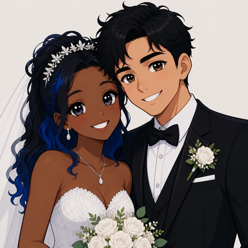I want a  picture of an African American girl with black and blue hair In the back and white with a quarter Mexican boy with  black  hair together and there in a wedding .