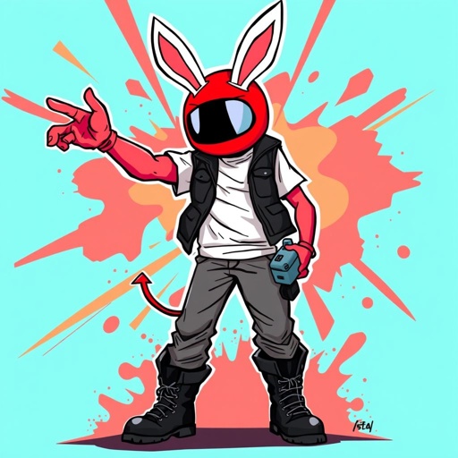 A small red among us character with devil horns standing next to a boy 5’6 wearing a white and black bunny mask with black eyes as cameras he’s wearing a white t shirt with a black biker vest on with grey jeans and black boots 