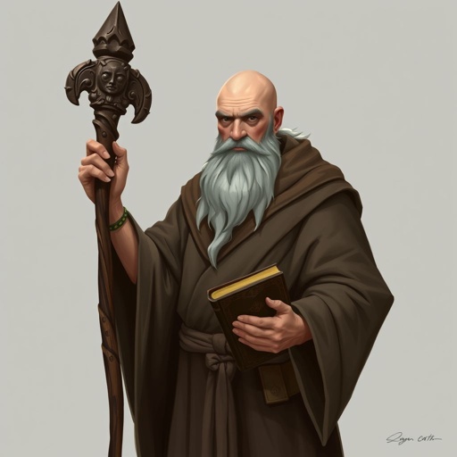 A bald human man in his early forties with a brown robe and a book and staff with facial hair