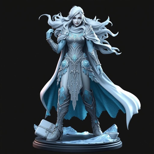 Create a battle woman hero called Alvara the Frostheart. Show full body head to toe including shoes