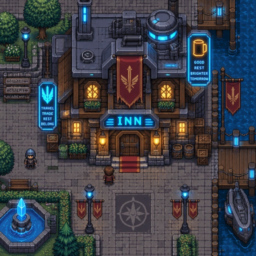 Inn for a futuristic fantasy game, exterior, top down style