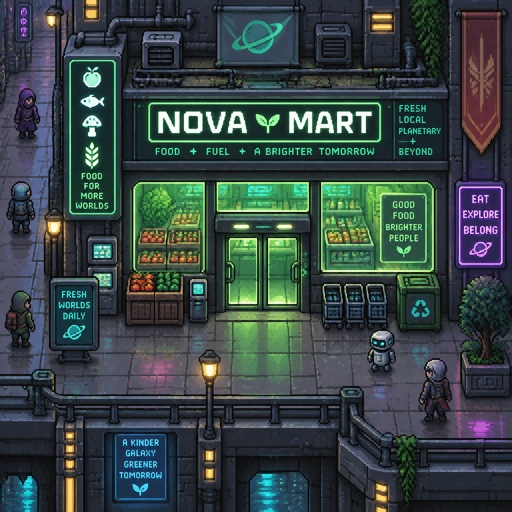 Grocery store for a fantasy game set in futuristic times city, exterior, top down style, shading and highlights
