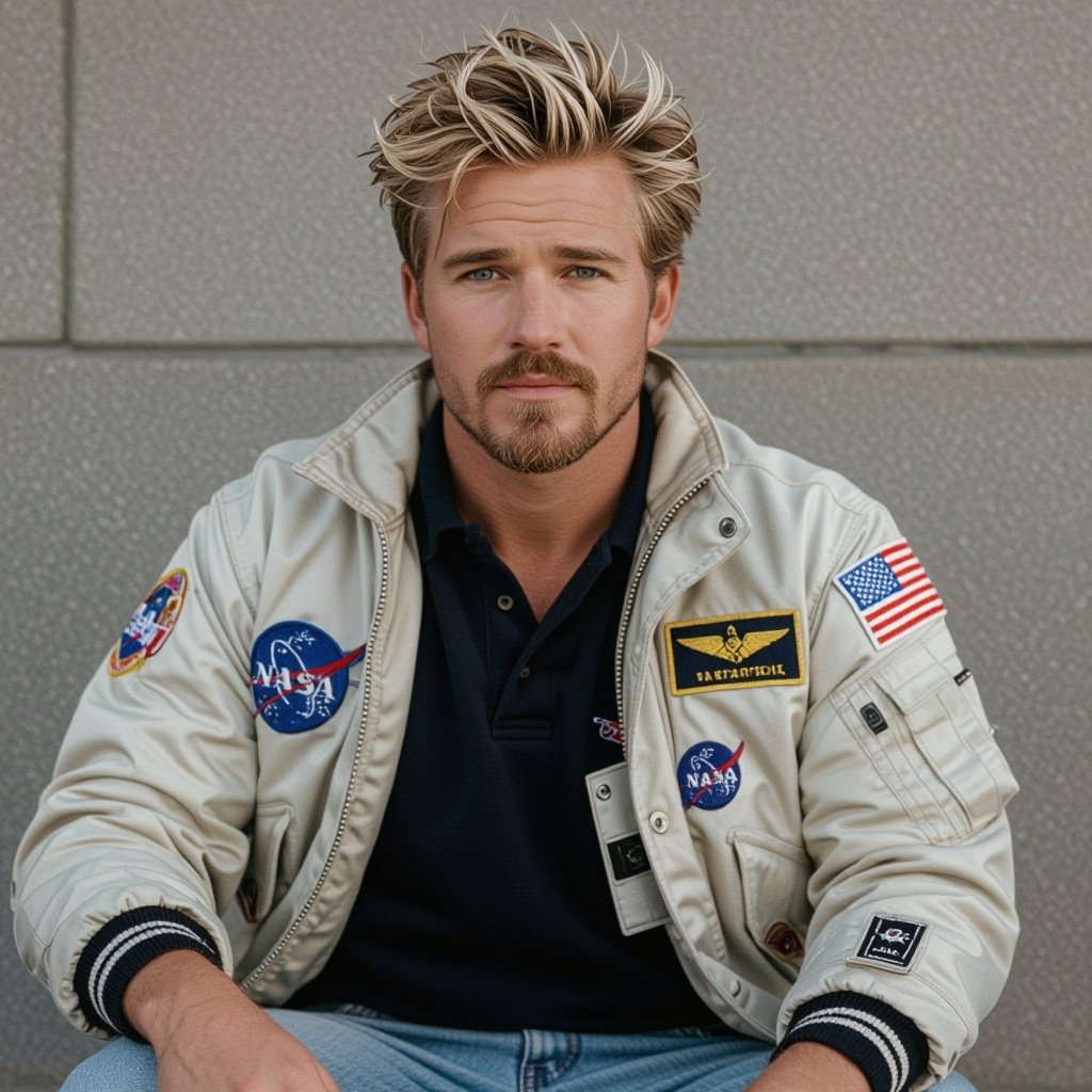 man with Dirty Blonde Unkempt Hair and Goatee.  Astronaut Flight Jacket Black And White Polo and Light blue denim jeans with red sneakers