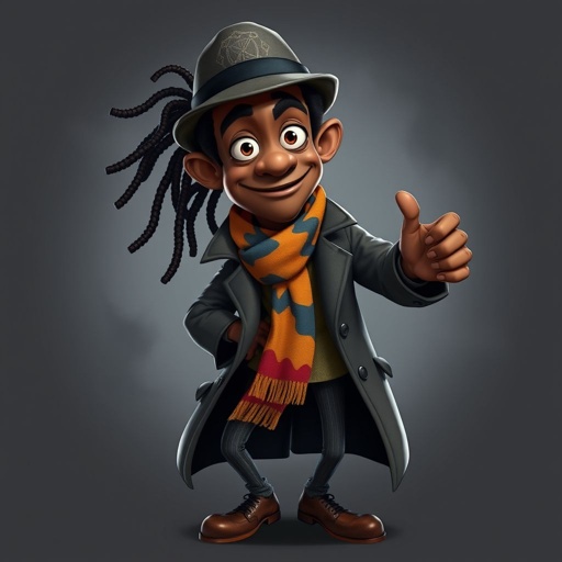 Create a funny character similar to Sherlock Holmes, but make him of black decent and with dread locks. Show his whole outfit including his shoes.