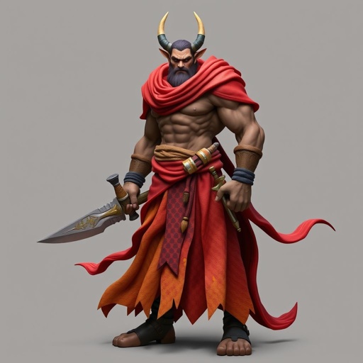 Create handsome hero Rhen the Fire – A lean, muscular man. He wears layered, flowing desert robes dyed in warm reds and golds, with scorch marks where flames have licked them. A curved blade hangs at his hip. Show whole body head to toe including her shoes.