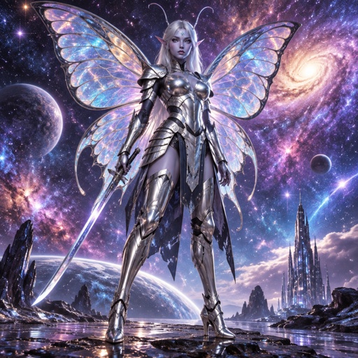 A gorgeous alien butterfly woman in a futuristic space samurai armor. Show whole body. 