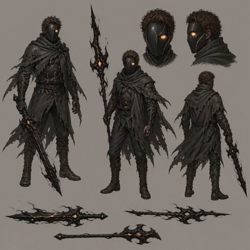 Male superhero with darkness solidification, ragged , weapons made of shadows, mask covers whole face except one eye,curly brown hair, cracks, middle aged, multiple of the same character 