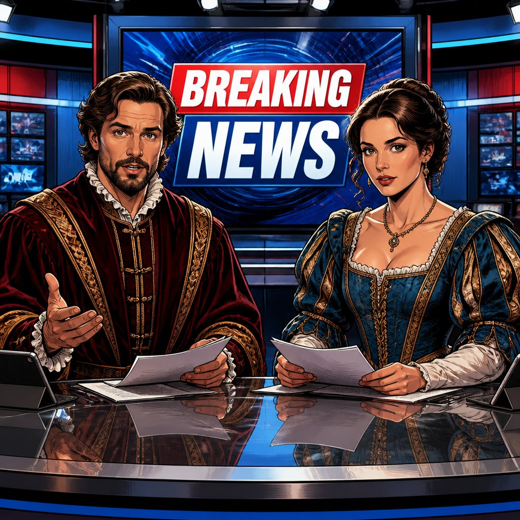 No speech bubbles no caricature highly vivid colors. No print dots. We see a modern TV studio behind the desk on the left is a male announcer who is speaking dressed in renaissance robes and on the right a female announcer also dressed in renaissance robes behind them is a screen that says breaking news. Highly realistic.