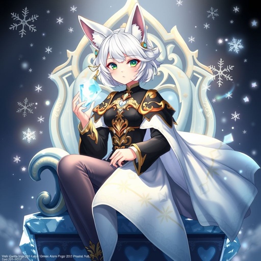(Genshin Impact based) Teenage girl bearing a Cryo Vision with fair skin and vibrant aqua green eyes. Wearing royal black top with smokey grey trousers with a snow-white sheet of cloth loosely wrapped around her waist adorned with snowflakes and small golden decor. Slightly long white hair with small fox ears. Sitting on an icy throne holding a small crystal