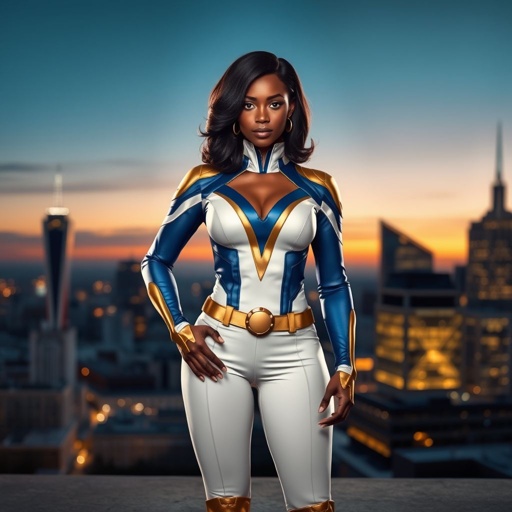 African American female superhero with shoulder length hair in a side part style and  wearing a slightly homemade  white blue and gold suit with white pants with a stylized V as her chest emblem wearing gold flat boots made of gold standing in Philadelphia at dusk