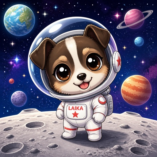 Laika, der Hund auf den Mond mit dem Hund Raumanzug und mit einem schönen Weltall. Hintergrund.