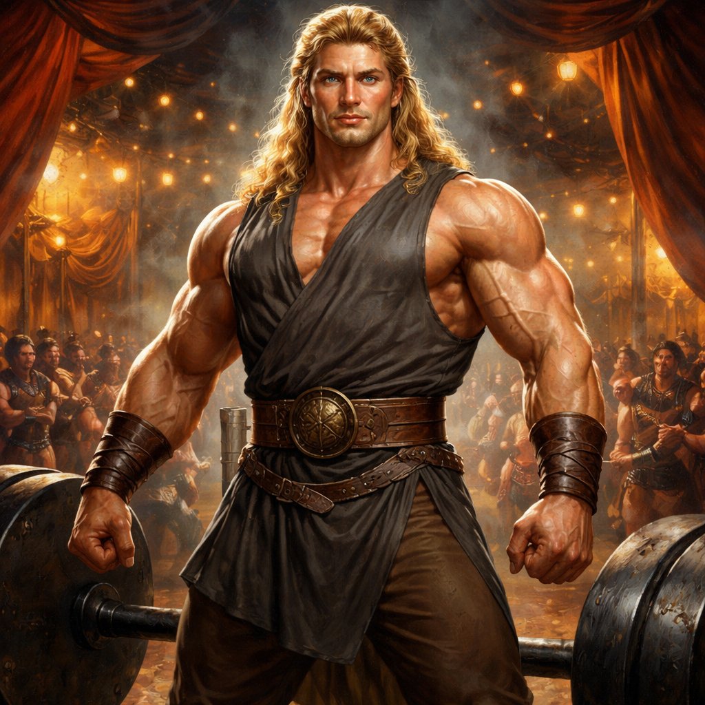 A tall well~proportioned male, so handsome he looks like a Greek god with muscles. With deep-set blue eyes and strong brows, hinting at inner depth“. His hairstyle is a blonde mullet. He works at freak show as a strong man. His outfit consistsed of a Charcoal-toned sleeveless Greek tunic, thick leather belt, leather wristbands/cuffs, brown pants.