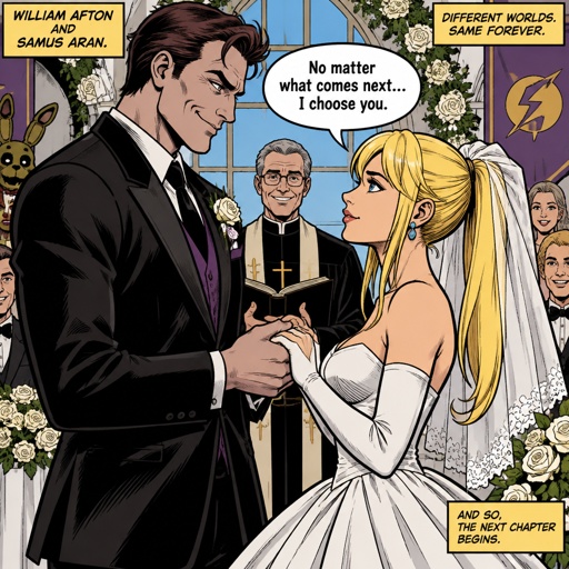 William afton from five nights at Freddy’s in a wedding suit, zero suit Samus from super smash bros in a wedding dress, getting married