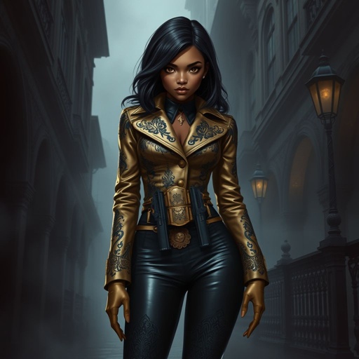A teenage African American female with shoulder length hair in a side part style wearing an armored gold leather jacket with black accents black leather pants and gold boots with a gun belt and two guns on her hips