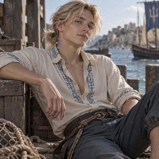Gender: Male Age: 16 Eyes: Bright ice-blue Quirk: Sea Control (commands marine animals, bends water, and breathes via neck gills) Hair: Messy, sun-bleached blonde styled in long, loose layers tied back Skin: Fair-toned Clothing: Cream collared shirt with blue embroidery, dark blue-grey trousers with a leather rope belt Species: Human Backstory: Raised in a strict military family with a Navy officer father, he naturally rebelled against the rigid discipline to chart his own course. Personality: Rebellious, cocky, and possesses a relaxed, go-with-the-flow attitude. Likes: Open ocean, marine life, freedom Dislikes: Strict orders, dry land must be standing