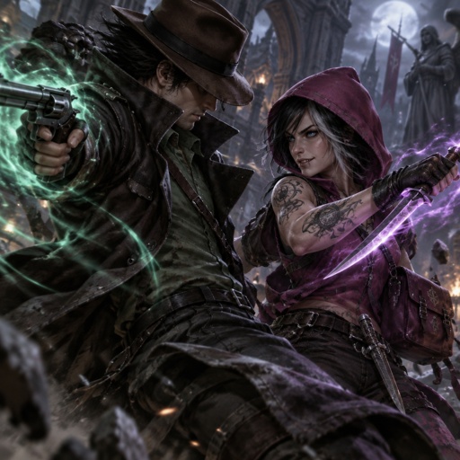 Male, no facial hair, brown fedora that covers eyes, black back hair spiky, black trench coat with upturned collar, green shirt, holding gun, Female, black jagged hair cut, neck length, white strands, two lip piercings, blue eyes, magenta sleeveless hoodie hood up, dark magenta satchel, belt with knife attached, gloves, tattoos on both arms, holding knife, smirk, fighting the other
