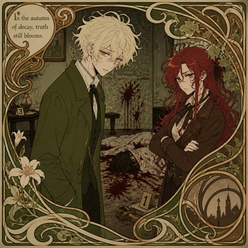 Anime style Male great detective takes his job real seriously really good at it mid 20s medium really crazy light blonde hair, tall thin, tied, clean shaven, strange green eyes wearing baggy loose mossy green jacket tired face,partner,long red hair brown eyes looking annoyed and concerned for him, trying take case seriously,very gruesome seen ,person unknown, detective will do whatever he can, parent and him get into arguments usually partner will say "you really need some rest you can barely stand and your speaking trails off, how do you expect to finish this case with the little sleep and food you get" detective reply" all I need is some coffee, I can survive I don't plan on resting till I get to the bottom of this, worrying never helps"as he yawns,partners says back “ugh! your really stubborn, looks like I’m going to have to catch you again when you pass out”