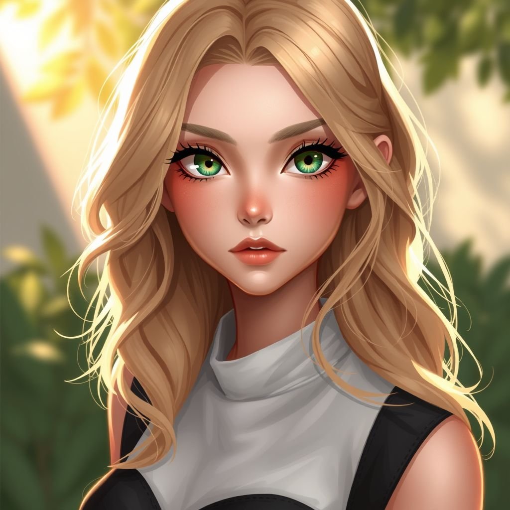 Green eyes hair down to shoulders, wavy blonde