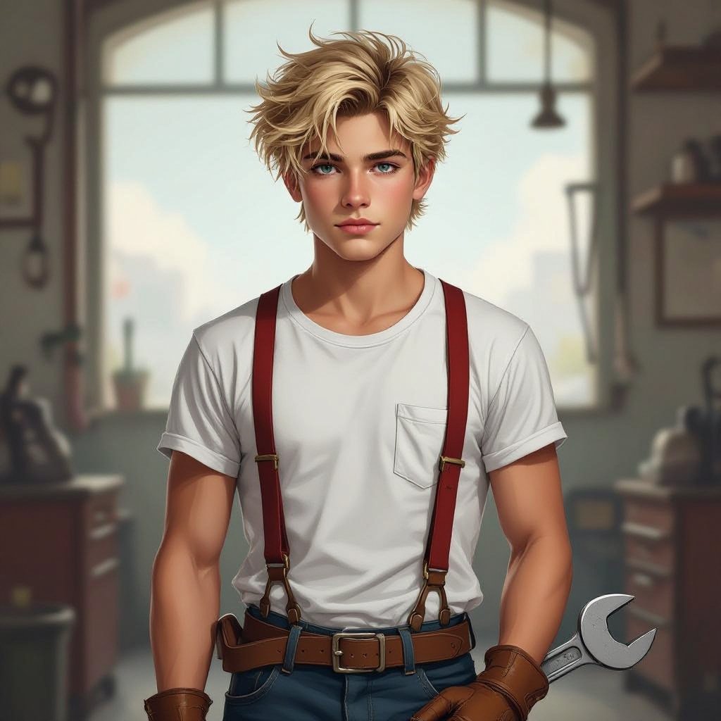 16 years old. Blond gypsy. Male. Carries a wrench. Wears a white t-shirt with a pocket. Tucked in. Red Suspenders. Mechanic boots. Skinny, but muscular. Tussled hair. 