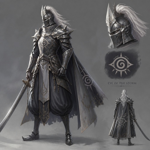 knight , long curved sword, crested helmet, dark silver armor, luminous lord, baggy pants, eye of the storm mark, silver hair