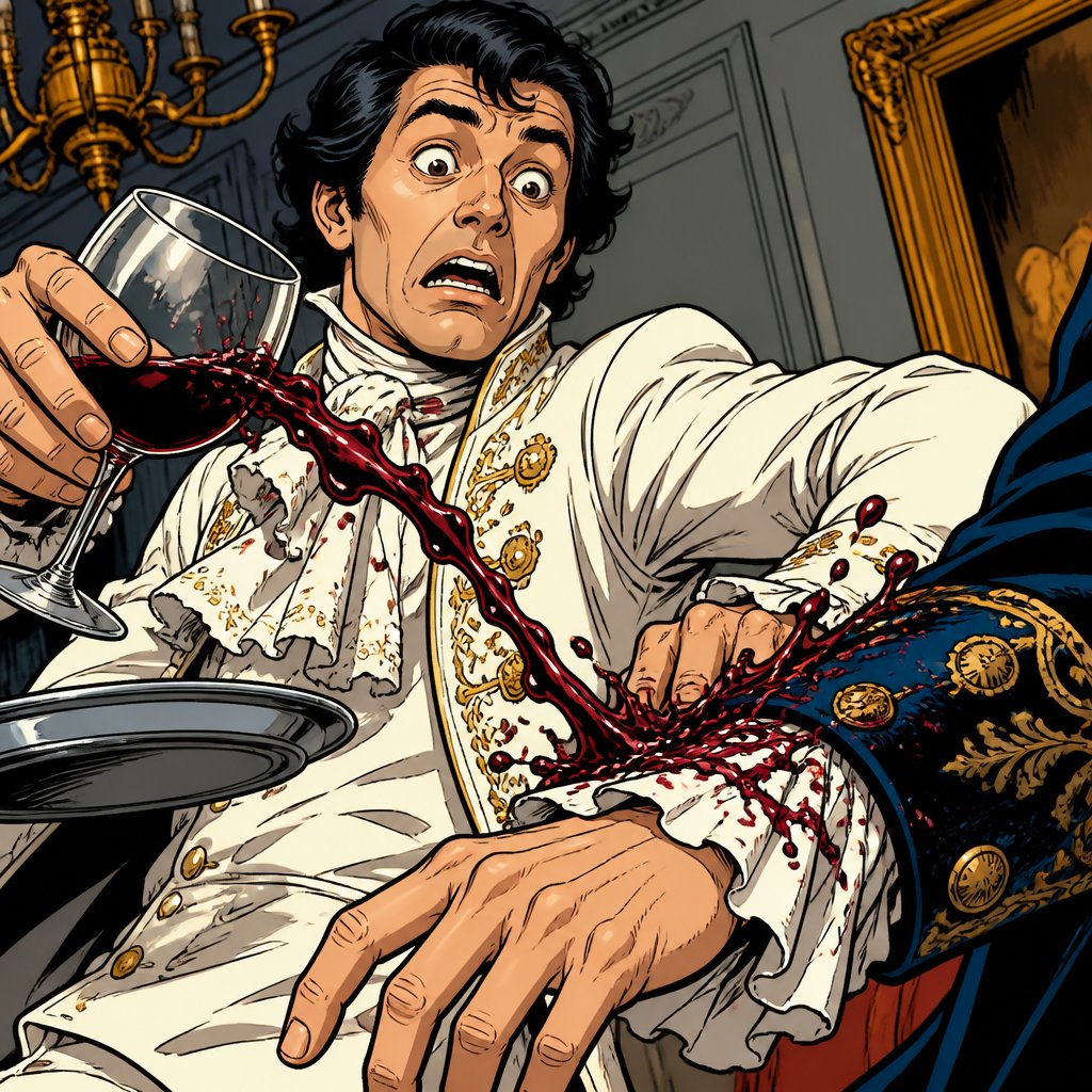 No speech bubbles Vivid colours no print dots. A clumsy waiter dressed in white baroque gown spills wine on someone’s cuff. We do not see the other person highly realistic.
