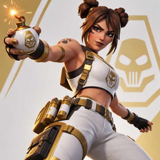 TNTina from Fortnite in her Ghost style variant, white and gold outfit, brown twin buns, cel-shaded video game graphics style, dramatic lighting, sharp focus."