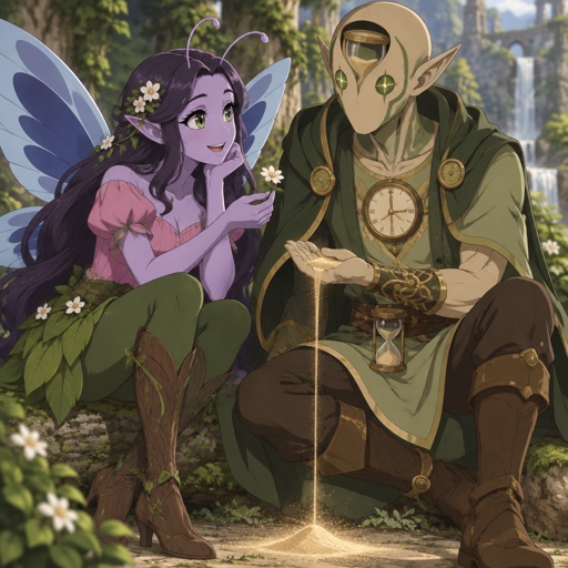 Lady of nature She has light purple skin and neat long dark purple hair, beautiful deep green eyes, long eyelashes, antennae, light blue wings with deep blue in the middle,wears a beautiful pink shirt and a skirt that looks like a leaf and green leggings, tree wood boots and a beautiful smile, man of time, body shape hourglass, dark green hair right side swooped down and longer, Sand colored skin,no nose or mouth,has a thick medium color green lining around his face and one big hourglass lining inside face connected to the outside lining, pointy ears, eyes green and the pupils look like clock in his waist hands, has small hourglass and sand, his chest has a big clock on it,wearing a light green tunic, dark green no sleeve cloak brown pants and boots sand coming from feet,interacting with each other 
