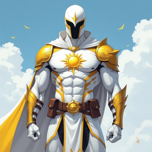 Hero. Half Helm. Capeless Beltless. bright Whites and yellows, slender but muscular,  insignia of the scientific symbol of the sun on his chest