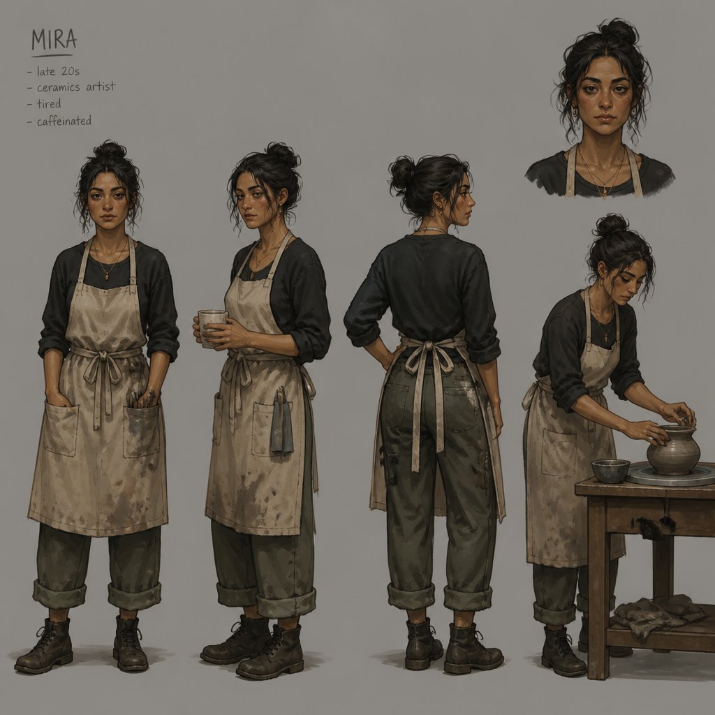 Female, tan skin, bun messy hair, eye bags, apron, multiple of the same character