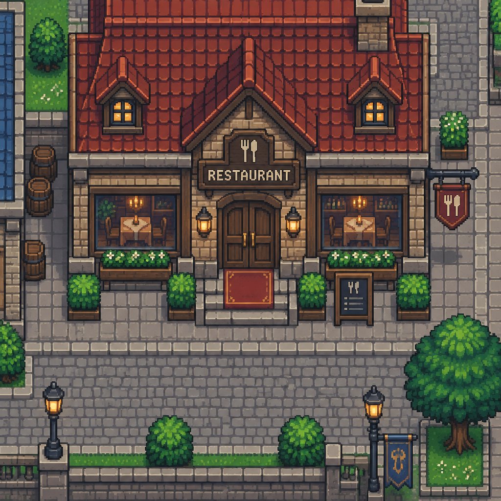 Restaurant for a modern fantasy game, exterior, top down style