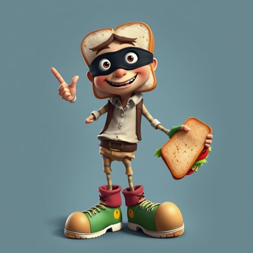 Create a funny looking clumsy sandwhich thief with funny shoes on. Make him have on the bandit black thing around his eyes 